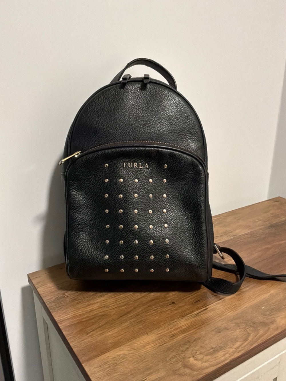Furls Black Pebbled Leather Studded Mini Backpack